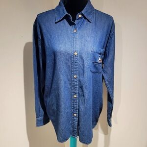 Disney Mickey Mouse Women's Button Down Denim Shirt Size Large Blue Cotton NEW